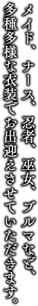 メイド、ナース、忍者、巫女、ブルマなど、多種多様な衣装でお出迎えさせていただきます。