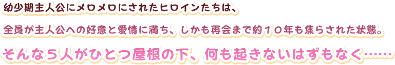 幼少期主人公にメロメロにされたヒロインたちは、
全員が主人公への好意と愛情に満ち、しかも再会まで約１０年も焦らされた状態。
そんな５人がひとつ屋根の下、何も起きないはずもなく……